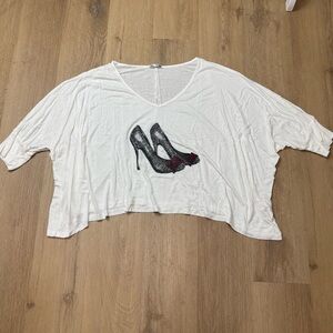 Blue Sketch Boxy WhiteCrop Top Dazzle Bejeweled High Heels Graphic